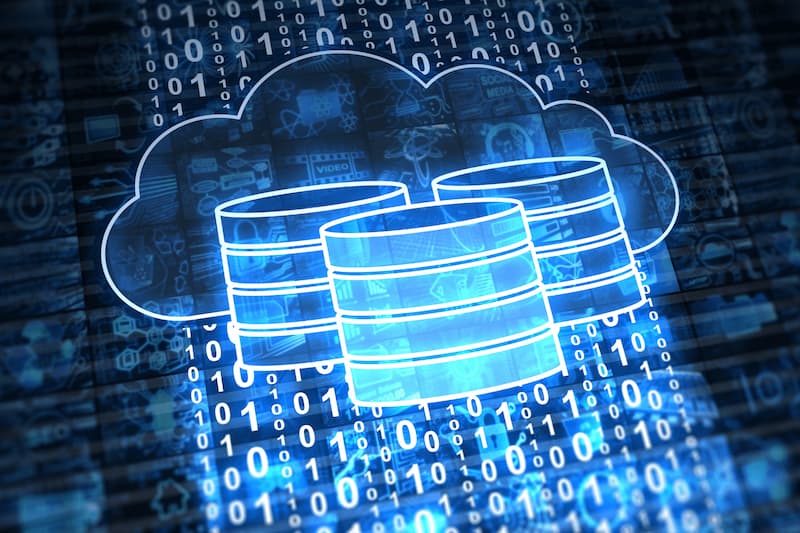 Digital representation of cloud data storage with database icons over binary code.