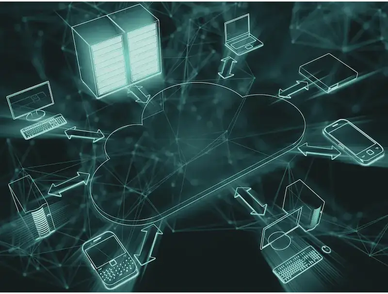 Cloud computing network diagram with various connected devices.