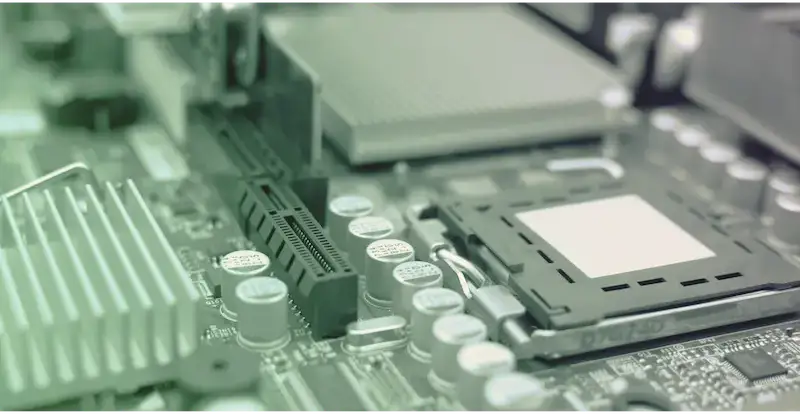 Close-up of a computer motherboard featuring a CPU socket, capacitors, a PCI Express slot, and a heat sink.